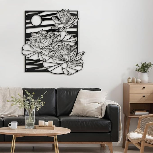 SIGNLEADER Metal Wall Art Decor Lotus, Moonlight Minimalist Modern Abstract Wall Sculpture Hangings Home Decoration for Living Room, Bedroom, Bathroom, Kitchen, Outdoor - 18" Black
