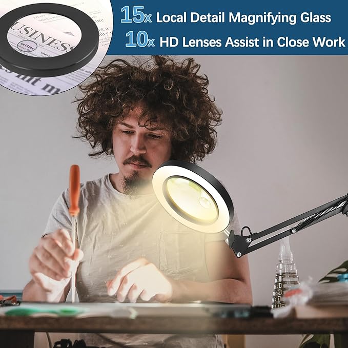15X &10X magnifying glass with light and stand, 4.3" Real Glass lighted magnifying glass with Clamp, Adjustable Arm Magnifying Lamp, 3 Color Modes Stepless Dimmable Desk Lamp Hands Free for Close Work