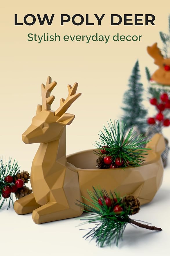Low-Poly Deer Bowl, Resin Reindeer Statue, Deer Candy Dish & Key Holder, Deer Desk Decor for Living Room, Entryway, Dining Table, Office, Shelves