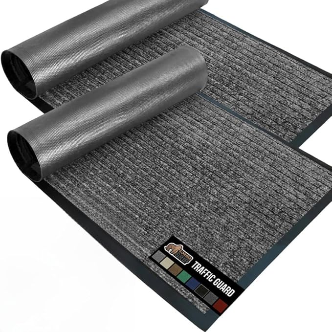 GORILLA GRIP Waterproof Traffic Guard Door Mat, 2 Pack Heavy Duty Entryway Mats, Strong Backing Commercial Rugs for Office Hallway, Garage Floor and Home, Low Profile Carpet, 29x17, Light Gray