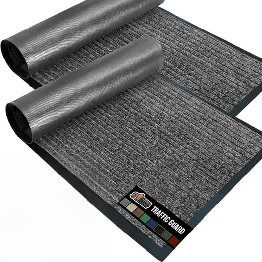 GORILLA GRIP Waterproof Traffic Guard Door Mat, 2 Pack Heavy Duty Entryway Mats, Strong Backing Commercial Rugs for Office Hallway, Garage Floor and Home, Low Profile Carpet, 29x17, Light Gray