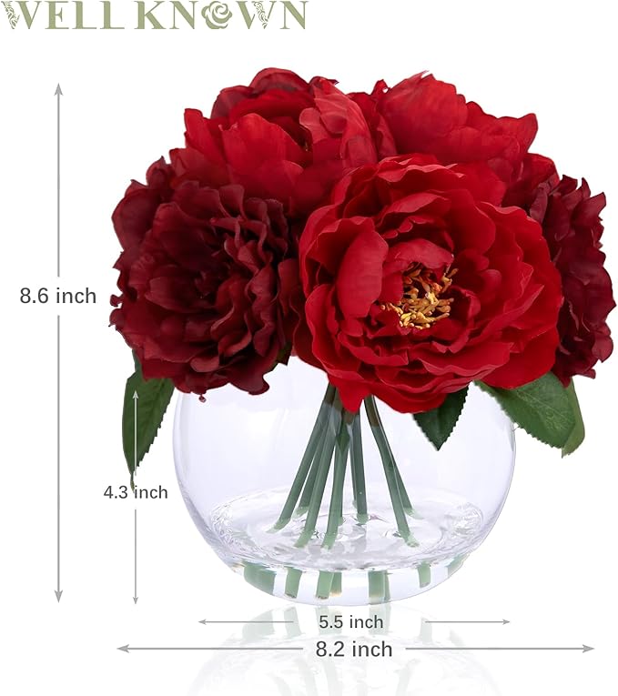 Artificial Flowers in Vase, Silk Burgundy Classical Red Peonies Flowers for Vase with Faux Water, Fake Flower Arrangements for Winter Coffee Christmas Dining Table Centerpieces Decor & Mom's Gift