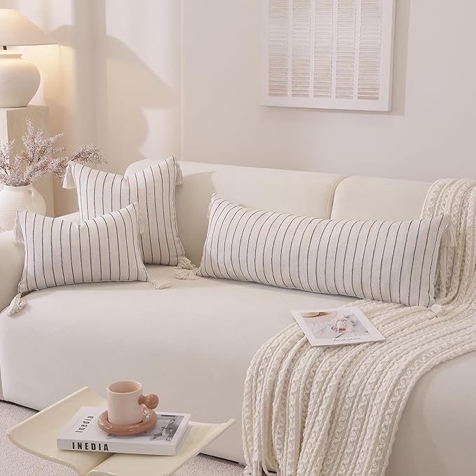 QDTTSRY Decorative Boho Throw Pillow Cover 20x20 Inch Set of 2, Soft Textured Linen Striped Throw Pillows with Tassels, Farmhouse Decor Cushion Covers for Couch Bed Living Room, Dusty Blue