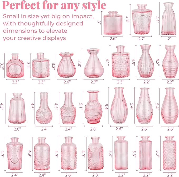 BEAHOT 24 Pack Pink Flower Vase in Bulk,Mini Vintage Glass Bud Vases for Centerpieces,Wedding Decor,Party & Home Decaration,Mother's Day (Pink)