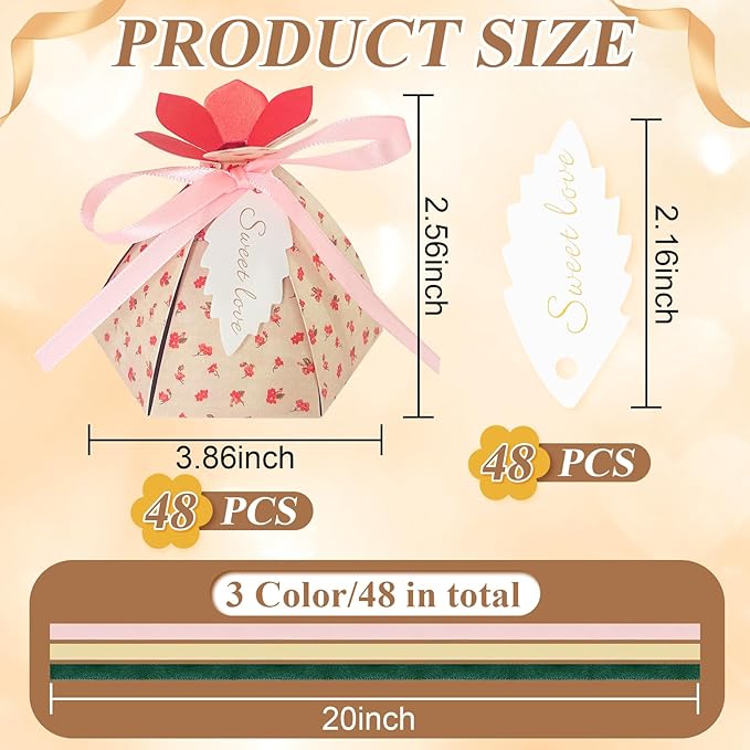 48Pcs Party Favor Candy Box, Petal Shaped Gift Candy Box with Tags and Ribbons for Flower Themed Party, Bridal Shower, Wedding Decorations, Candy Table Decorations