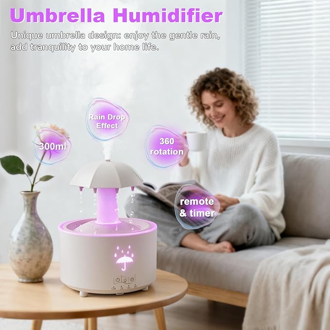 2-in-1 Raindrop Humidifier Oil Diffuser, Essential Oil Diffuser with 360° Rotating Raindrop & 7 LED Mood Lights, Rain Sounds for Sleeping, Quiet Cool Mist Humidifier for up to 24 Hrs,Ideal for Home