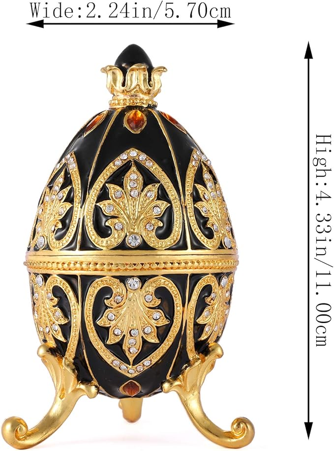 Trinket Box with Hinged Black Easter Egg Enameled Jewelry Box Classic Ornaments Metal Craft Gift for Home Decor