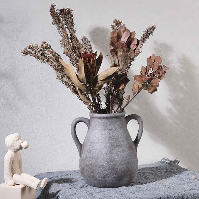 Ceramic Flower Vase with Handles, 7.5 inch Rustic Farmhouse Vase for Centerpieces, Small Decorative Terracotta Vases for Home Decor, Living Room, Table, Neutral