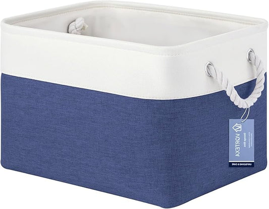 Large Storage Baskets- 15x11x10 inch Storage Bins for Shelves and Closet Organizing, Foldable Fabric Bin for Home Organization Clothes and Laundry (1-Pack, White&Blue)
