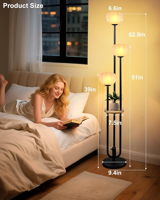 ACOHOOK Black Floor Lamp Dimmable Modern Floor Lamps with Pumpkin Lampshade & Table, 3000K Soft Warm White Bulbs Included, 3-Light Tall Standing Lamp for Living Room/Bedroom