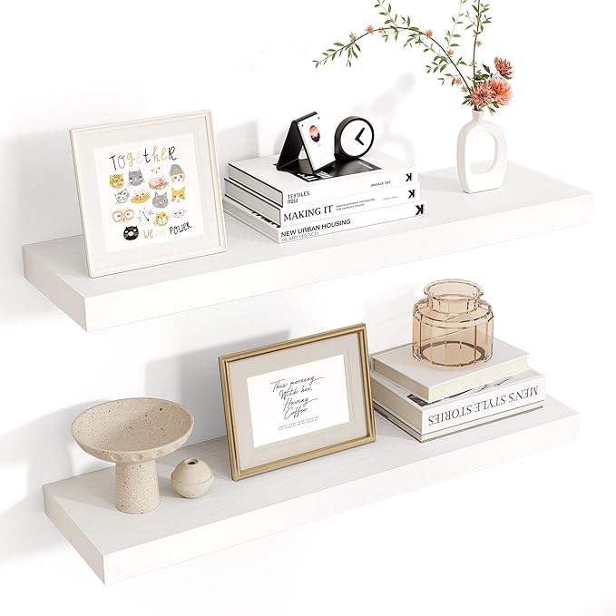 Floating Shelves for Wall 24"W x 6.7"D x 1.37"H, Engineered Wood Wall Shelves with Invisible Brackets for Living Room Bedroom Bathroom Office Kitchen Decor and Storage, White Finish, Set of 2