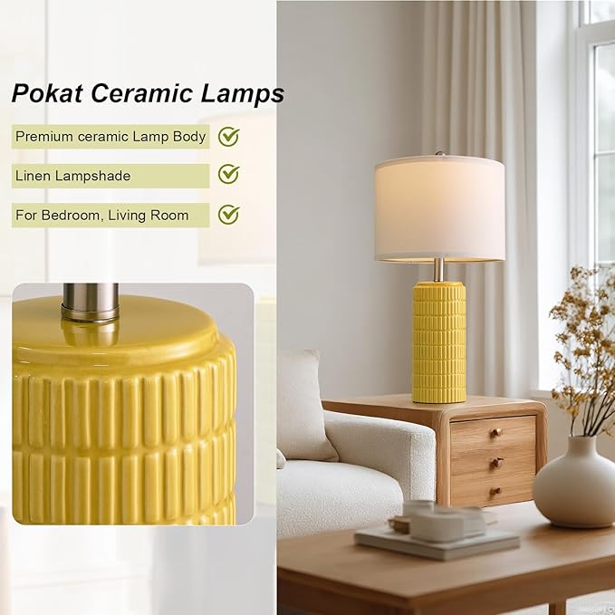 PoKat 23" Yellow Table Lamps Set of 2, Modern Living Room End Table Lamps Decor, Ceramic Lamps for Living Room, Contemporary Nightstand Lamps for Side Console Table Hallway Gift