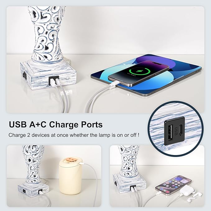 20" Table Lamp with 2 USB Ports, Vintage Bedside Lamp for Bedroom, 3-Way Dimmable Desk Lamp with Glass Shade, Rustic Farmhouse Nightstand Light for Living Room Entryway or Office, LED Bulb Included