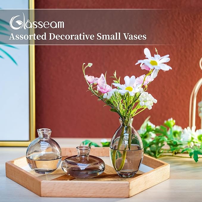 Bud Vases 3Pcs/Set Small Vases Handmade Cute Gray Small Vases for Flowers Centerpieces Glass Vases Mini Vase Home Decor Centerpieces, Events Table Decor