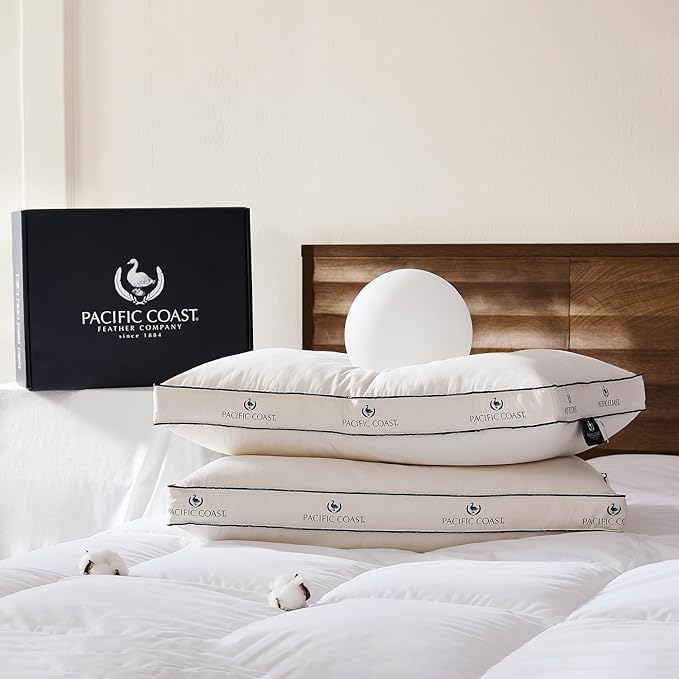 Pacific Coast Goose Feather and Down Pillows, Queen Size Set of 2, Gusseted Pillows, Bed Pillows for Sleeping, Good for Side and Back Sleepers, 100% Organic Cotton Cover