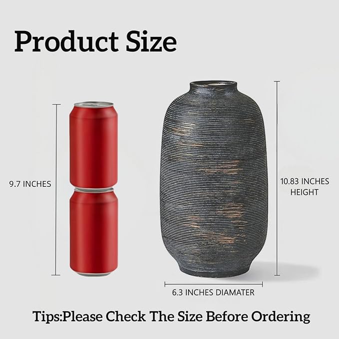 Black Ceramic Vase, Large Textured Rustic Farmhouse Decorative Vase for Centerpieces, 10.8" Black Bronze Flower Vase for Home Decor