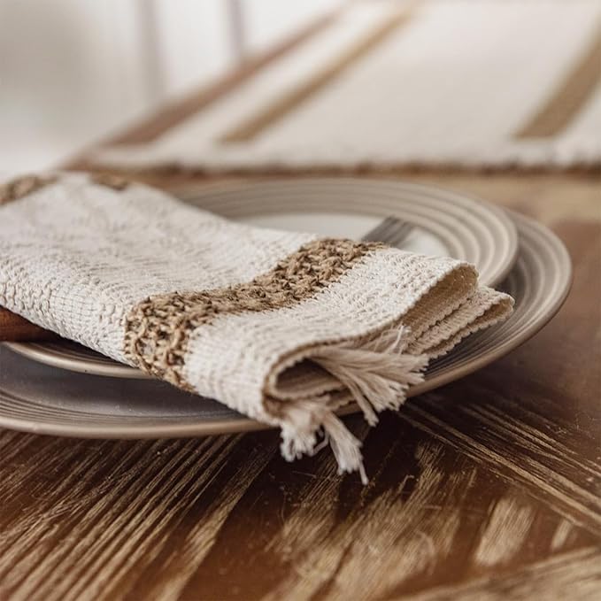 Niviy Boho Placemats Set of 4, 12x18 Inch Natural Cotton Burlap and Kitchen Woven Thanksgiving Placemats with Tassels for Dining Table Centerpiece Home Decorations