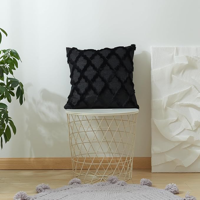 EMMTEEY Boho 16X16 Throw Pillow Covers Set of 2 - Single-Side Fluffy Stripe Stitching Embroidery, Wrinkle Resistant Pillow Case for Couch/Living Room/Bedroom Décor, Black