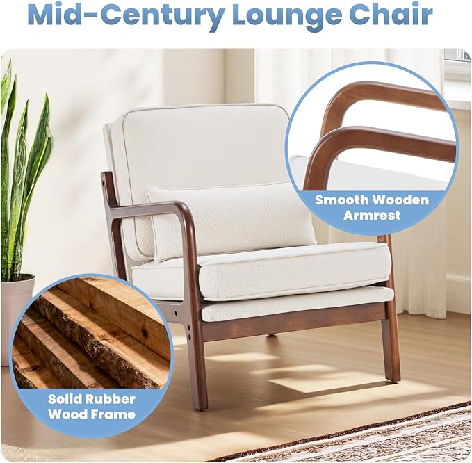 DUMOS Accent Chair,Mid Century Modern Chair with Arms and Waist Cushion, Reading Chairs for Adults, Lounge Chair for Living Room and Bedroom, Solid Wooden Frame,Off-White