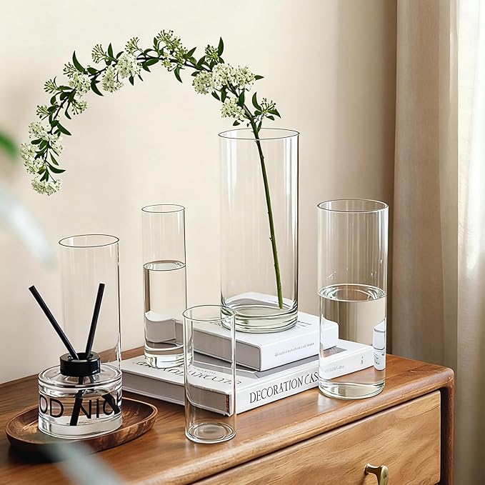 Cylinder Glass Bud Vases Set of 10 Clear Flower Vase for Centerpieces Shelf, Modern Small Vases for Living Room Bedroom Office Home, Decor for Wedding House Warming Party