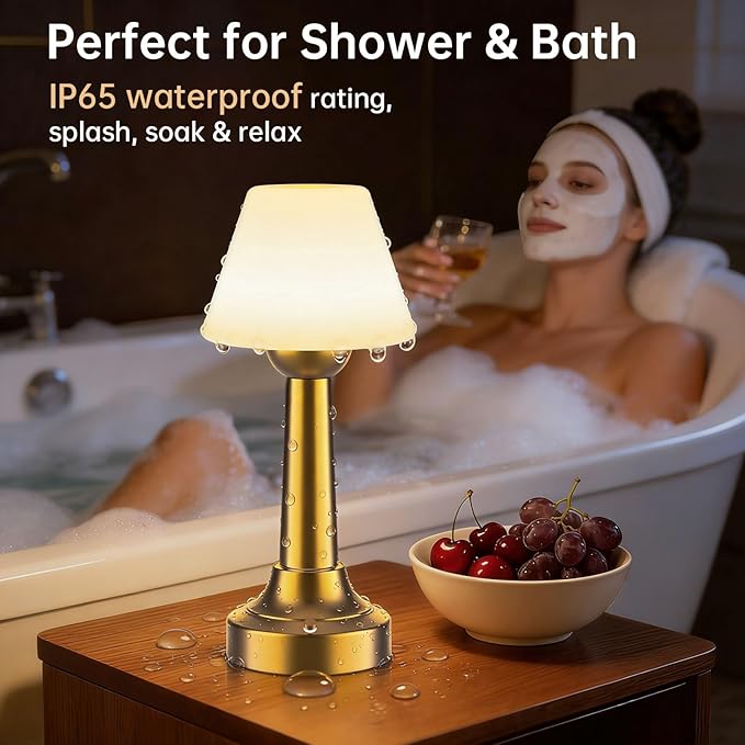 TRRMEZY Cordless Shower Lamp Waterproof, 18-Hour Rechargeable Battery Operated Outdoor Lamp, Dimmable Touch Table Lamp, IP65 Wireless LED Night Light for Bathroom Patio Camping Restaurant Bar Home