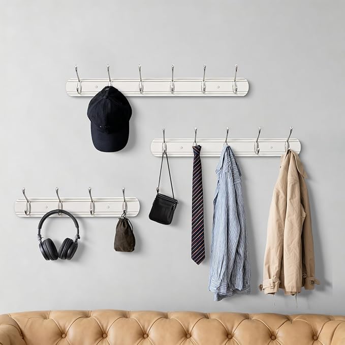 Coat Hooks Wall Mount, Wood Bamboo Wall Coat Rack with 6 Metal Hooks for Hanging Clothes, Towels, Keys, Bags(White&Brushed Nickel)