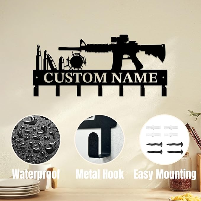 Personalized Custom Name Gun Wall Hooks,Metal Gun Room Art Clothes Hooks,Metal Gun Wall Home Storage Decorative,For Front Door, Hallway, Kitchen, Bedroom,Keys,Hats (Style C)