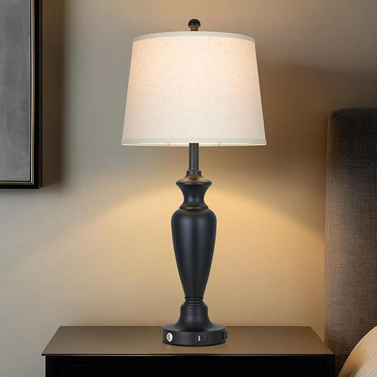 Black Table Lamp for Living Room Single, 30″ Tall Touch Control Bedside Lamp for Bedroom, 3-Way Dimmable Nightstand Lamp with USB A+C Ports and AC Outlet (1 Pack)