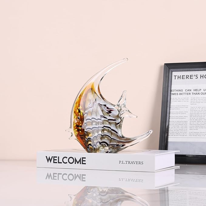DOVDOV Hand-Blown Glass Fish Decorative Sculpture, Amber Ocean Glass Art Decor, Coastal-Themed Ornament, Suitable for bedrooms, Offices, Coffee Tables, and TV Consoles, Marine Animal Sculpture Art.