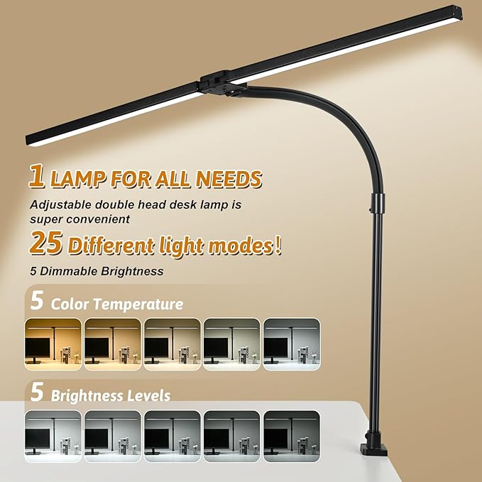 Double Head LED Desk Lamp with Remote Control for Home Office 24W Brightest Computer Desk Light for Workbench Drafting Architect Study Reading with Anti-Glare Cover