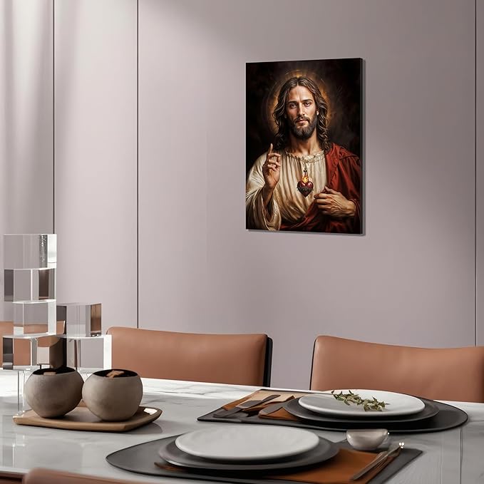 Framed Sacred Heart of Jesus Wall Art, Christian Divine Mercy Paintings Wall Decor, Christ Portrait Pictures Canvas Prints Catholic Religious Home Decor for Church Prayer Room Living Room 12X16 inch