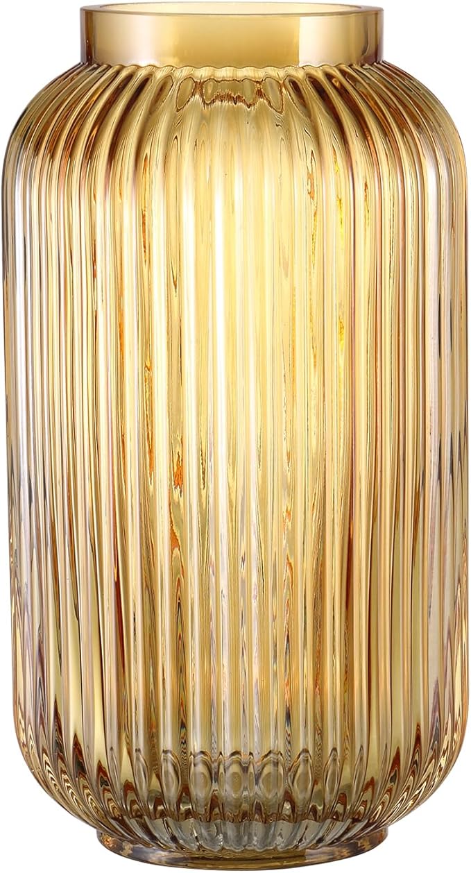 Ribbed Glass Vase, Amber Flower Vase for Bouquet, Glass Vases for Flowers, Modern Vases for Living Room, Bedroom, Kitchen, Dining Table, Office, Wedding, 8.6 Inches