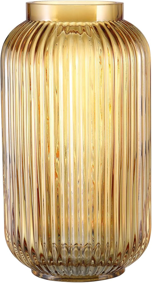 Ribbed Glass Vase, Amber Flower Vase for Bouquet, Glass Vases for Flowers, Modern Vases for Living Room, Bedroom, Kitchen, Dining Table, Office, Wedding, 8.6 Inches