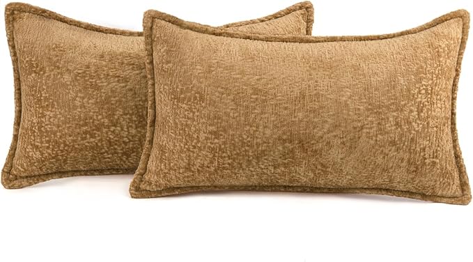 DEZENE Pack of 2 Golden Brown Decorative Throw Pillow Covers 12x20 Cozy Soft Chenille Accent Vintage Rectangular Lumbar Couch Pillow Covers for Home Decor Bed Sofa Living Room