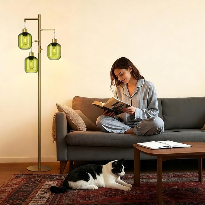 LVYE Glass Floor Lamps for Living Room, Modern Standing Lamps with Green Shade, Dimmable Green Tall Floor Lamp, Mid Century Gold 3 Lights Tall Tree Lamp with 3 LED Bulbs