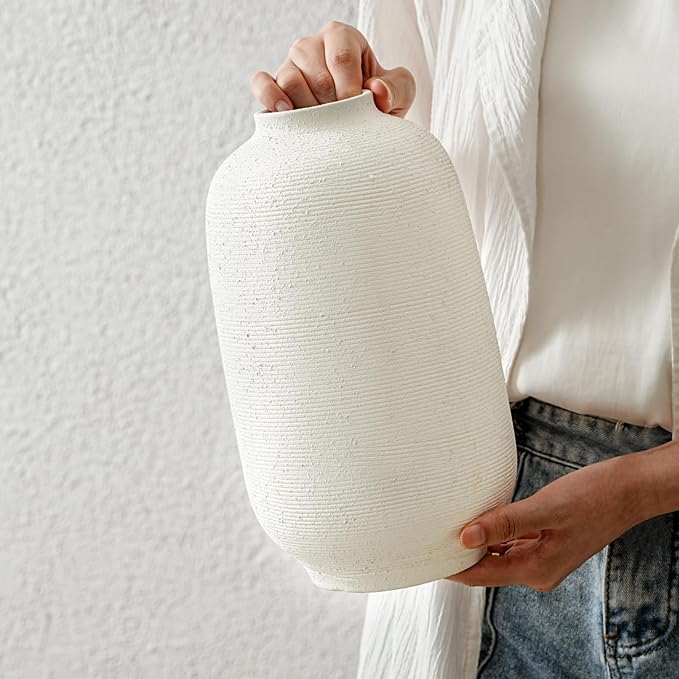 White Ceramic Vase, Textured Rustic Farmhouse Decorative Vase for Centerpieces, 10.8" Off-White Large Flower Vase for Home Decor