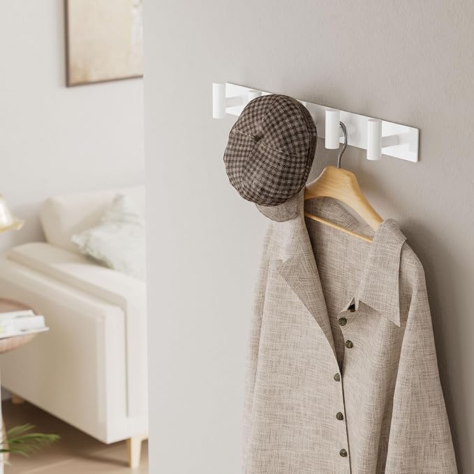 White Wall Mounted Coat Rack – 5 T-Shaped Pegs for Hats, Bags & Towels, Heavy-Duty Metal Rail for Entryway, Bathroom, Closet, Bedroom (1 Pack)