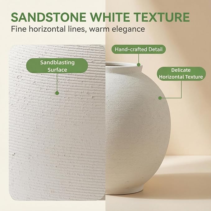 Large White Ceramic Vase, 10.8 inch Round Minimalist Textured Vase, Rustic Farmhouse Decor for Home, Living Room, Shelf, Table, Wedding & Entryway Decoration (Sandstone White)