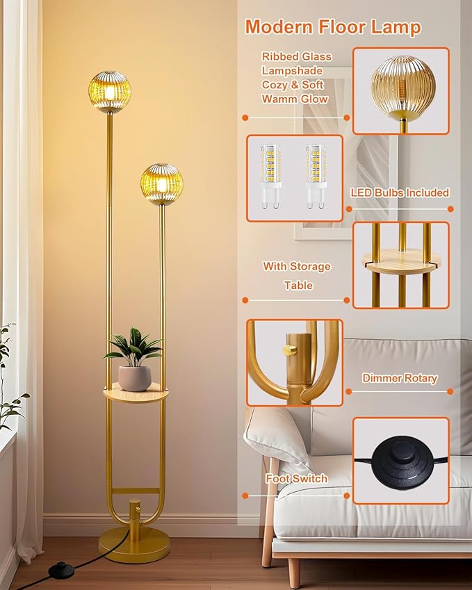 ACOHOOK Glass Floor Lamp with Tray, Gold Dimmable Globe Floor Lamp for Wedding/Party, 2Pcs 3000K Soft Warm White Bulbs Included, Mid Century Modern Standing Lamps for Living Room Bedroom