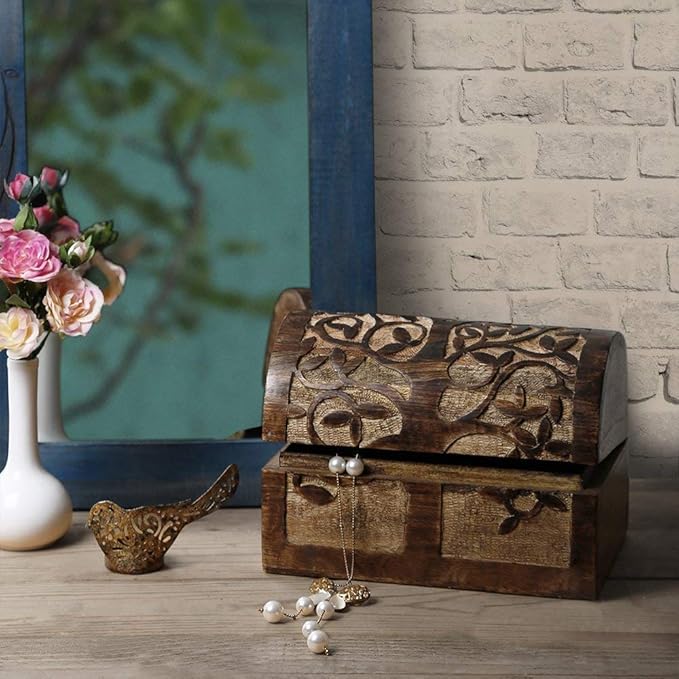 Great Birthday Gift Ideas Handmade Decorative Wooden Jewelry Box With Tree of Life Carvings Jewelry Organizer Keepsake Box Treasure Chest Trinket Holder Watch Box Storage Lock Box (Natural Finish)
