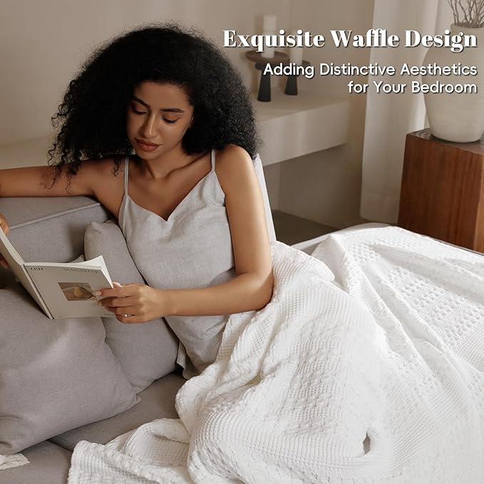 PHF 100% Cotton Waffle Weave Blanket Queen Size for Bed, Soft Lightweight & Breathable, All-Season Comfort, 300 GSM Luxury Aesthetic Blanket for Home Decor, 90"x90", White