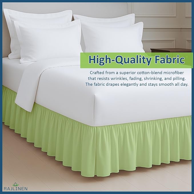 Rajlinen Ruffled Bed Skirt King, 24 Inch Drop Dust Ruffle with Split Corners, 100% Microfiber Bedskirt with Platform, Three-Sided Coverage Ruffled Gathering Design, Sage