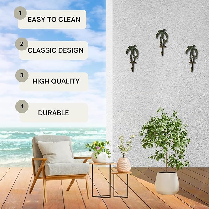 Cast Iron Palm Tree Wall Hooks - Rustic Black Finish - Decorative Hooks for Wall, Coats, Towels, Bags - Tropical Home Decor - Vintage and Unique Design - Set of 3 8" x 4"