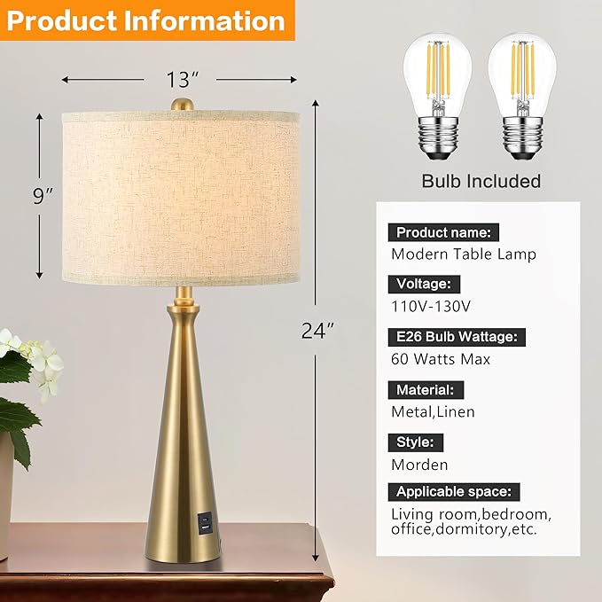 Lamp for Bedroom Set of 2 Lamps for Night Stand Modern Bedside Lamps Living Room End Table Lamps Gold
