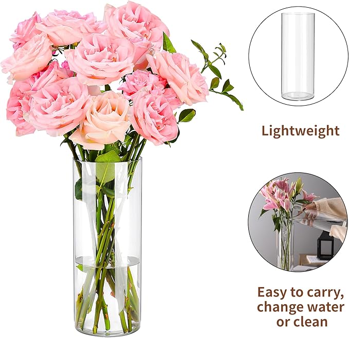 Clear Flower Vase, Non-breakable Vases, 6" W x 14" H, Acrylic Vase, Aesthetic Room Decor Cylindrical Modern Flower Vases for Table Centerpiece, Home Decor, Women Floral Arrangement Gift