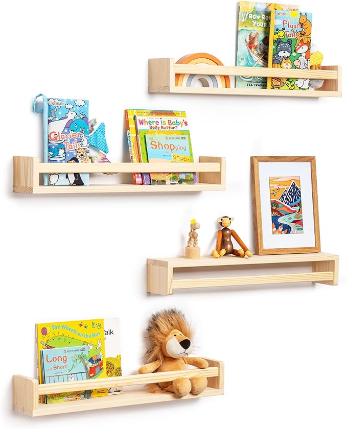Fun Memories Nursery Book Shelves - Rustic Natural Solid Wood Floating Bookshelf for Kids - Wall Book Shelves for Kids Room (Natural, 24inch - 4P)