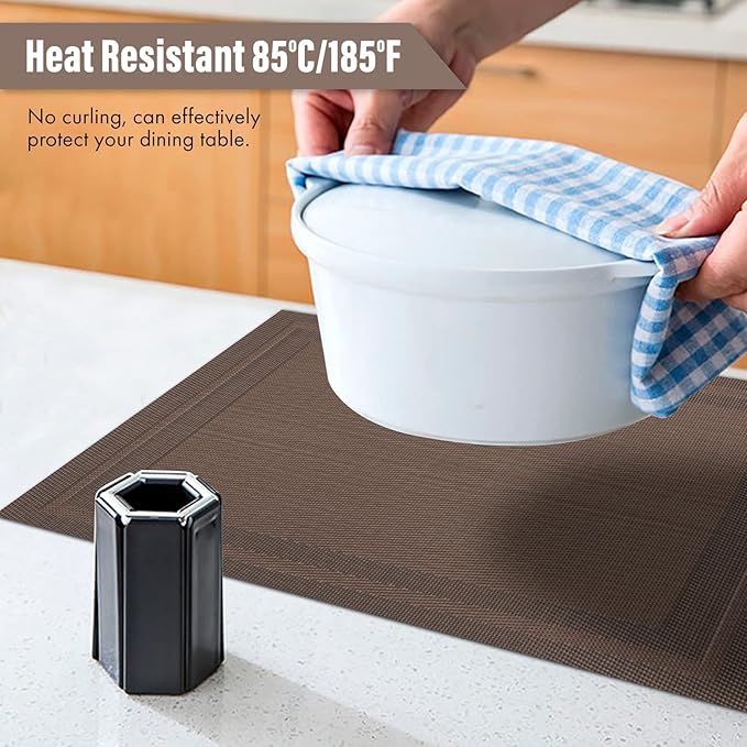 Winknowl Placemats Set of 6，Heat Resistant Woven Vinyl Washable PVC Place Mats，Non-Slip Stain Resistant Indoor/Outdoor Table Mats for Dining Table (Brown)