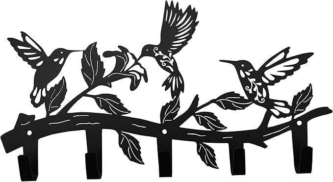Metal Hummingbird Coat Hooks Wall Art Decor-Hummingbird Hangers and Key Holder-Animal Theme Hooks Sweet Home Decor for Storage, Living Room, Hallway, Office (Black)