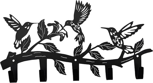 Metal Hummingbird Coat Hooks Wall Art Decor-Hummingbird Hangers and Key Holder-Animal Theme Hooks Sweet Home Decor for Storage, Living Room, Hallway, Office (Black)
