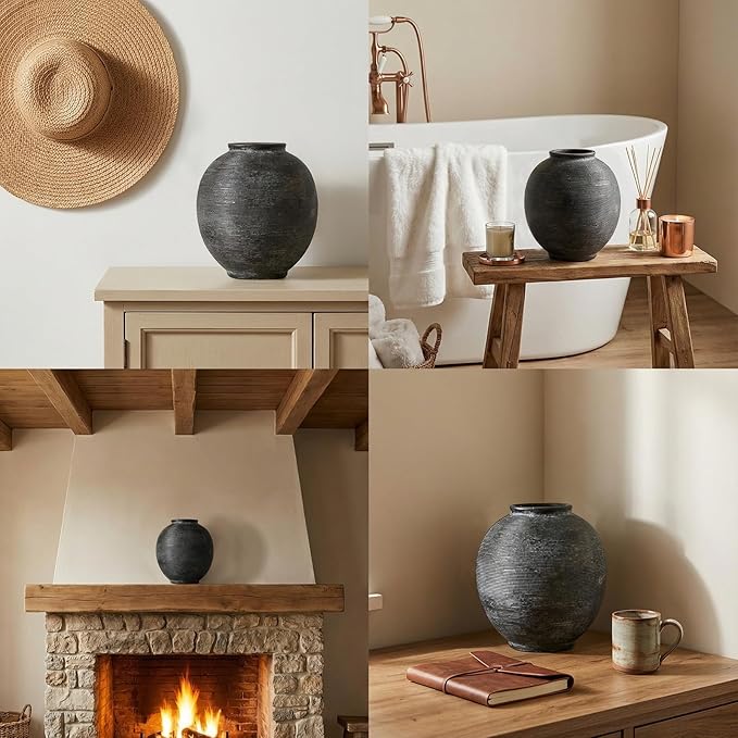 Black Round Ceramic Vase, 9.8 inch Large Textured Flower Vase,Minimalist Rustic Farmhouse Decor for Home, Living Room, Shelf, Table, Bathroom & Entryway Decoration (Black Bronze)